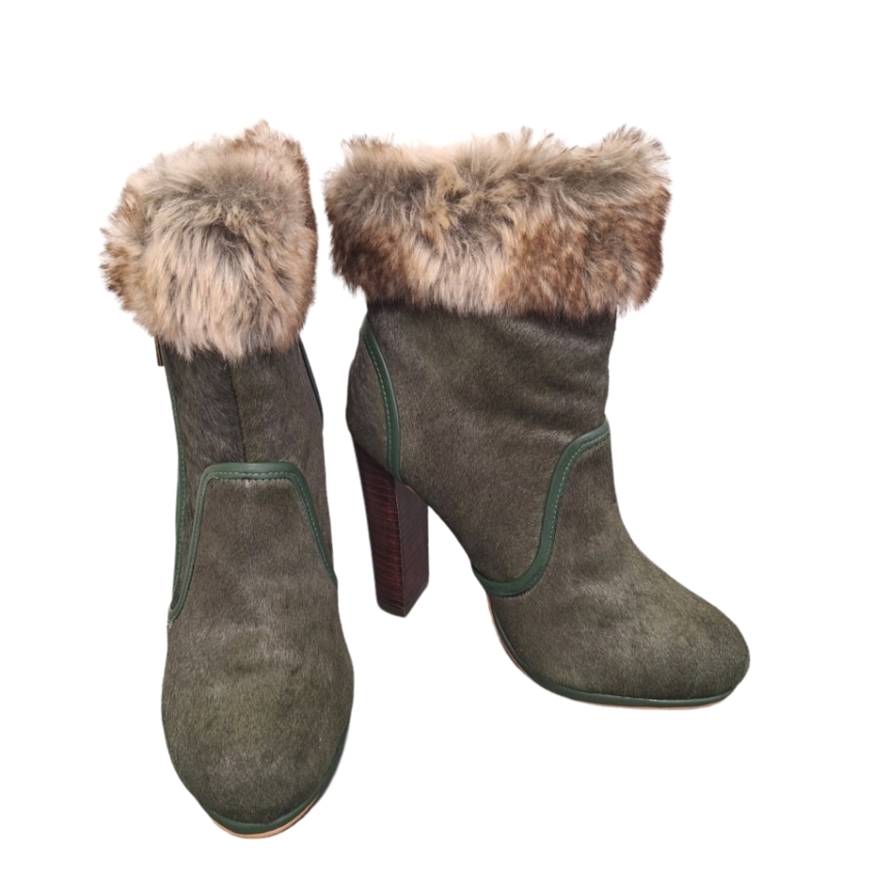 June by June Ambrose Retro Green Calf Hair Leather Fur Trim High Heel Boots 7M